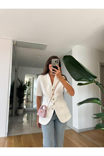 MERVE AKSOY Ecru Short Sleeve Blazer - Waist-Seated