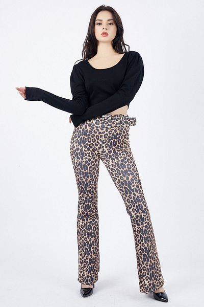 Sense Leopard Print Scuba Fabric Coated Buckle and Belt Flared Leg Trousers - Pnt32735