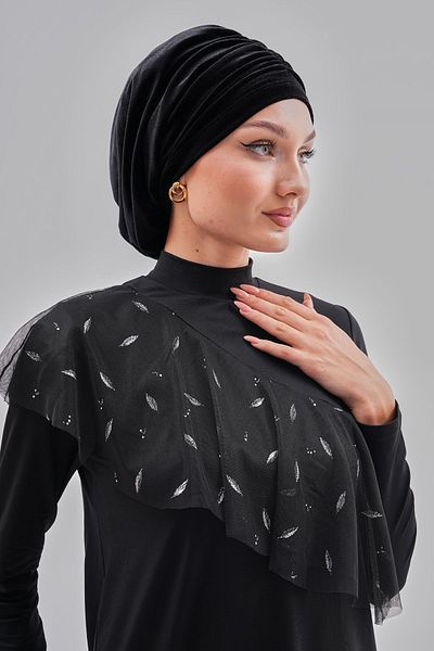 MAG FASHİON Winter Velvet Black Hijab Bonnet Elastic Drawstring Detailed Bonnet Sports Bonnet Practical Shawl