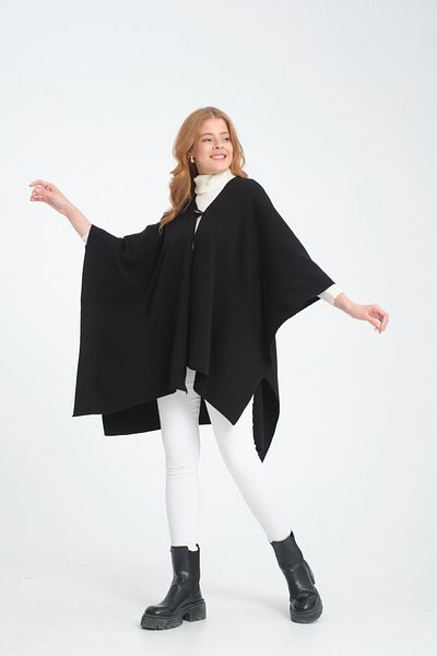 VEGA MODA Stylish Designed Plain Knitwear Poncho - Patternless Shawl Poncho with Button Detail