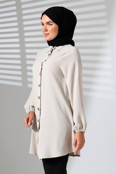 Berel Moda Buttoned Aerobin Fabric Cuff Elastic Tunic Shirt