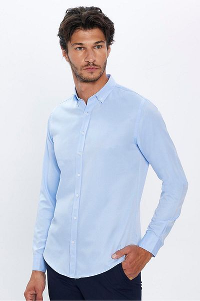 Tudors Ανδρικό Μπλε Slim Fit πουκάμισο - Μακρυμάνικο, Εύκολο Σιδέρωμα, Γιακάς με Κουμπιά