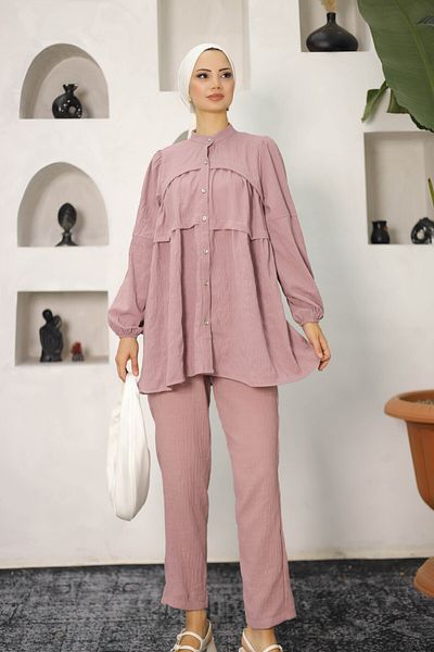 PİNK FLY Double Women's Hijab Top and Bottom Suit with Summer Linen Trousers