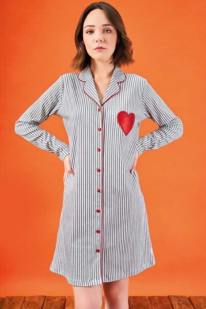 Pjs Pijama Kadın Gri Önden Düğmeli Gecelik