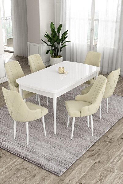 Canisa Concept Ram Serisi 80x132 Açılabilir Mutfak Masası Takımı Beyaz Masa 6...