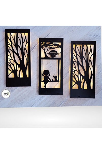 BAŞARI ATÖLYE Ahşap Peri Ledli Işıklı 3 Lü Salıncakta Kız Kedi Çiçek Tablo Siyah