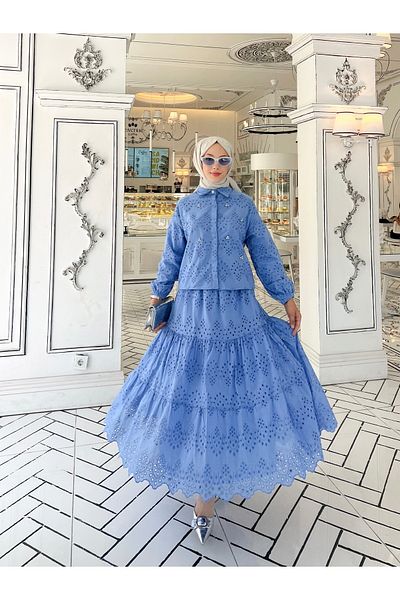 PİNK FLY Σετ Hijab Blue Scallop - Μακριά φούστα με πέτρινη λεπτομέρεια