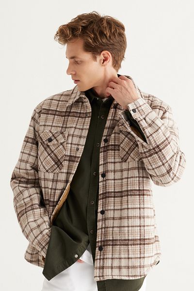 AC&Co / Altınyıldız Classics Μπεζ ανδρικό πουκάμισο - Standard Fit, Κλασικός γιακάς, Καρό Μπουφάν