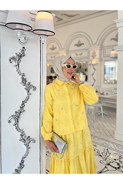 PİNK FLY Stone Detailed Floor-Length Scallop Hijab Set Yellow