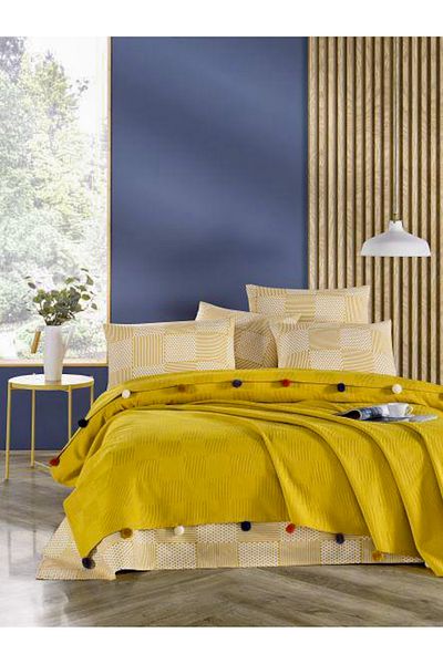 AYHANHOME Double 100% Cotton Bedspread - Pique, Waffle Pattern, Pompom Pique Set