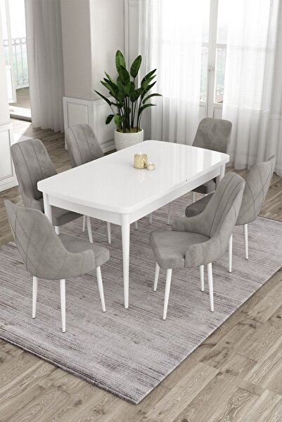 Canisa Concept Ram Serisi 80x132 Açılabilir Mutfak Masası Takımı Beyaz Masa 6...