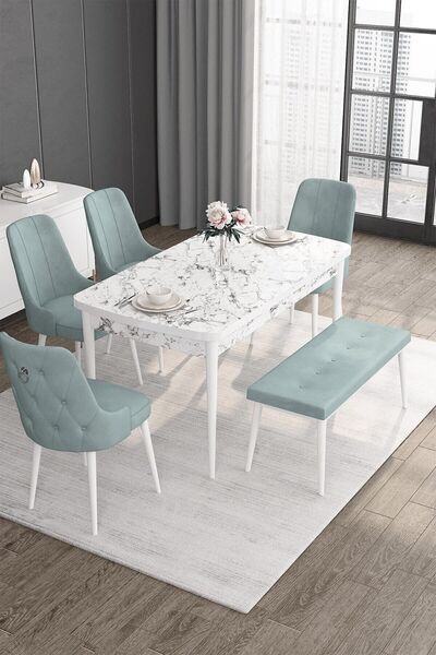 Canisa Noa Serisi 80x132 Mdf Açılabilir Beyaz Mermer Desen Masa Takımı 4 Su Y...