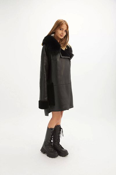 By Marki Marki Black Genuine Leather Coat - Long, Fur Collar, Fur Inside - 107422