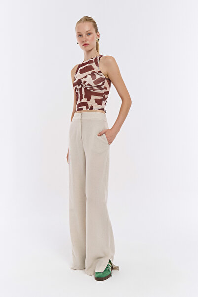 Quzu Cep Detaylı Yüksek Bel Geniş Paça Pantolon Naturel