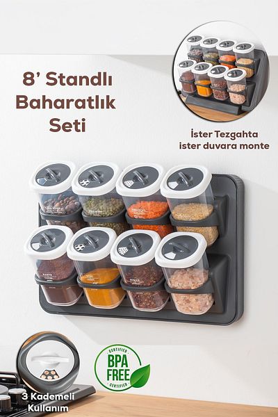 Porsima 1122 8-Piece Labeled Hanging Self-Adhesive Countertop Stand Spice Rack Set with Rotating Lid