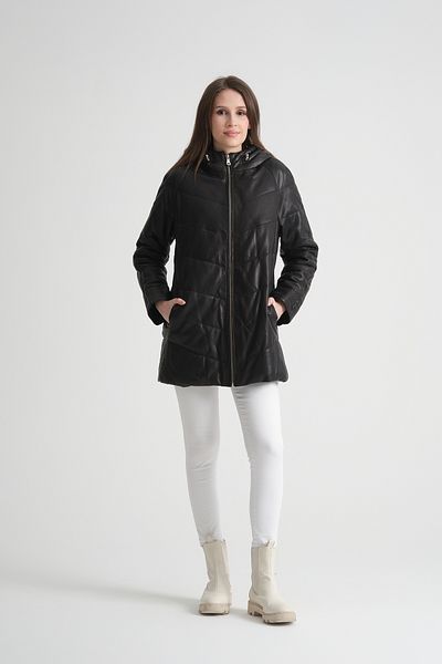 By Marki Marki Black Genuine Leather Puffer Coat - Modern Design, Hooded, Zippered with Long Snaps - 114022