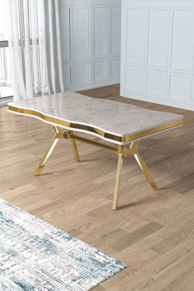 Canisa Prah Serisi 90x160 Lak Panel Beyaz Mermer Desen Mutfak Masası Gold Ayak