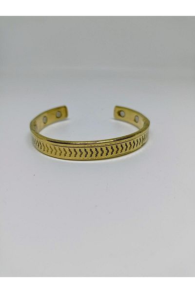 mama india alaçatı Gold Yellow Brass Handcuff Bracelet with Pain Relief Magnet, Stress Bracelet No:4