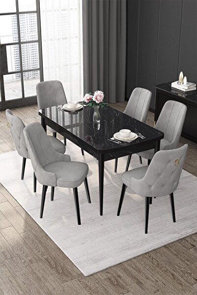 Canisa Nex Serisi 80x132 Mdf Açılabilir Beyaz Masa Takımı Ve 6 Kahverengi San...