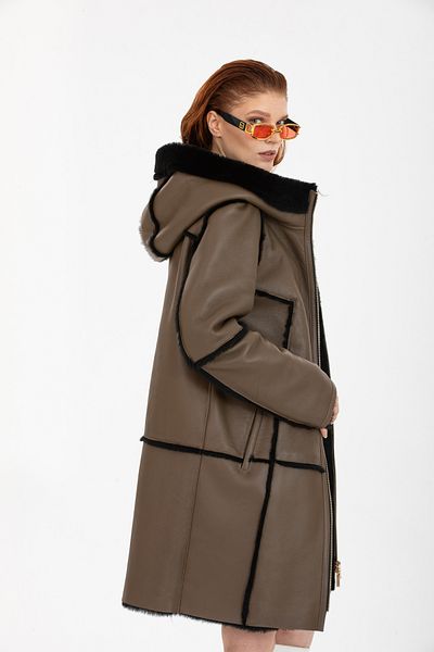 By Marki Marki Women's Genuine Leather Coat, Brown Fur Hooded Long Coat, Long Women's Coat -113422