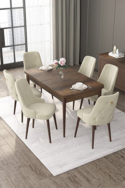 Canisa Nex Serisi 80x132 Mdf Açılabilir Barok Ahşap Desen Masa Takımı Gold Halka 6 Su Yeşili Sandalye