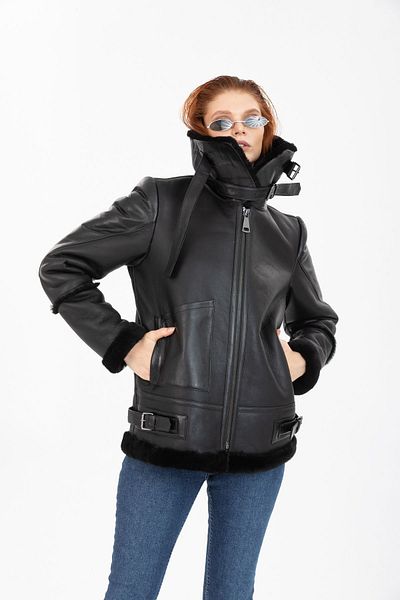 By Marki Marki Black Vintage Furry Leather Coat - Turtleneck, Oversize Model - 105222