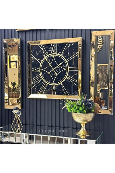 Efe Ayna MERMER- 3'LÜ GOLD AYNA DUVAR SAATİ VE YAN AYNA SETİ