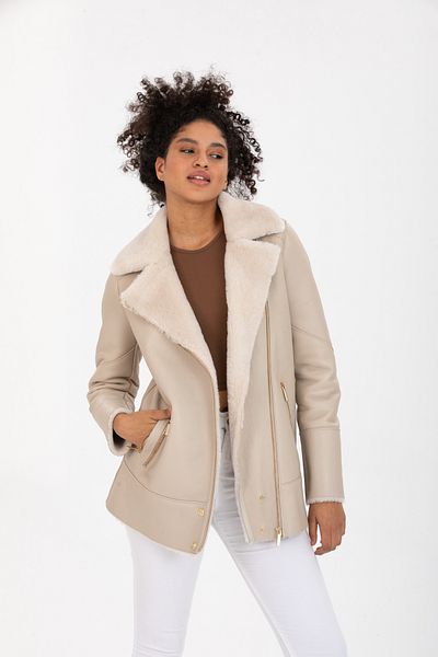 By Marki Marki Women's Genuine Leather Jacket, Long Beige Jacket with Fur Inside, Double Breasted Collar -113722