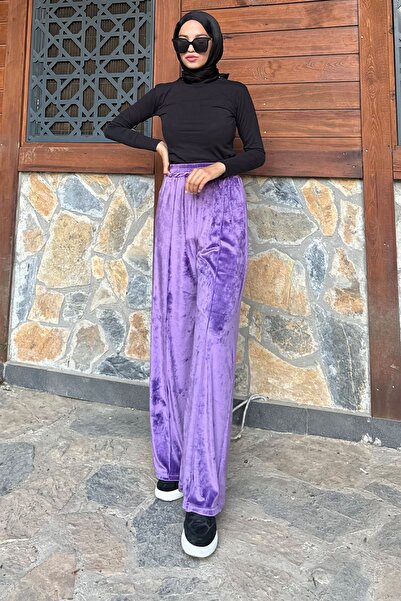 QLAY Βελούδινο γυναικείο παντελόνι - με ραβδώσεις και φαρδύ πόδι