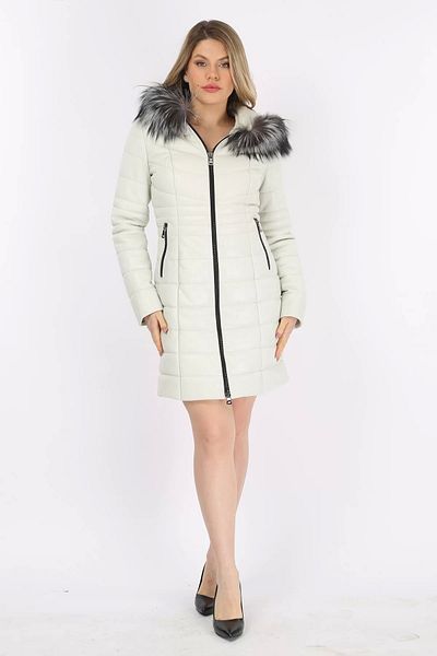 By Marki Marki White Genuine Leather Women's Puffer Jacket - Fur Detailed Hoodie, Long Puffer - 107322