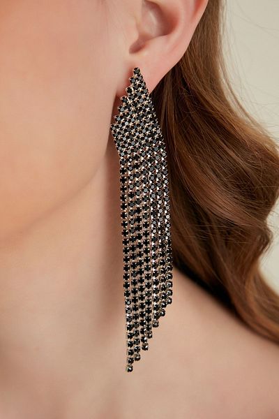 Furtek Aksesuar Women's Black Ladder Model Dangling Fringed Stone Daily Crystal Earring Model Evening Dress Wedding Henna Promise