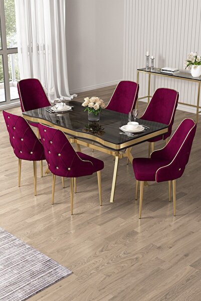 Canisa Vae Serisi 90x160 Lak Panel Antrasit Ironi Gold Ayak Masa Takımı 6 Mür...