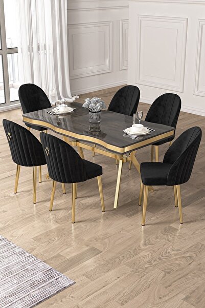 Canisa Pem Serisi 90x160 Lak Panel Antrasit İroni  Gold Ayak Masa Takımı 6 Si...