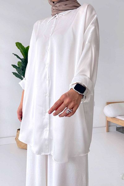 Ka Hijab Cămașă oversize Hijab din satin alb