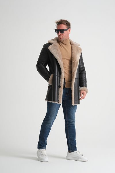By Marki Marki Luxury Men's Leather Coat, 90 cm Length, Genuine Fur Collar, Premium Black Outerface -500522