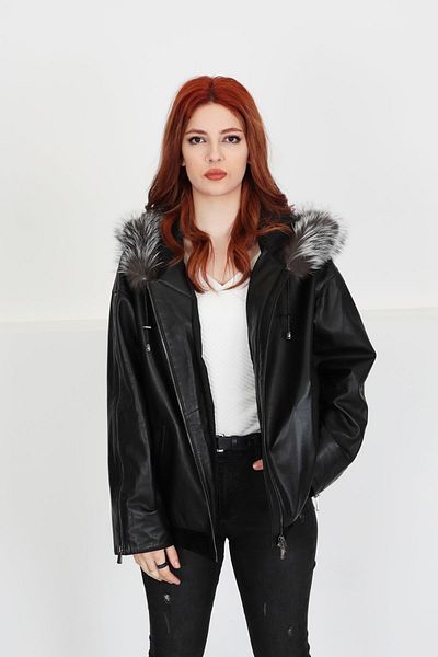 By Marki Marki Special Fur Black Leather Coat - Genuine Leather, Fur Hood, Oversize, Adjustable - 105422