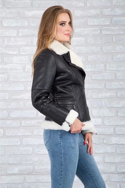 By Marki Marki Genuine Fur Biker Jacket Coat with White Fur Detail -106422