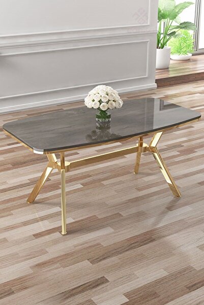 Canisa Esla Serisi 90x160 Lak Panel Antrasit Ironi Gold Kaplama Ayaklı Masa Takımı Ve 6 Gri Sandalye