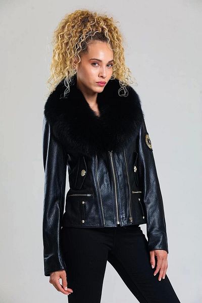 By Marki Marki Black Women's Leather Coat - Genuine Leather, Fur Detail, Luxury Design, Special Collar - 11108802