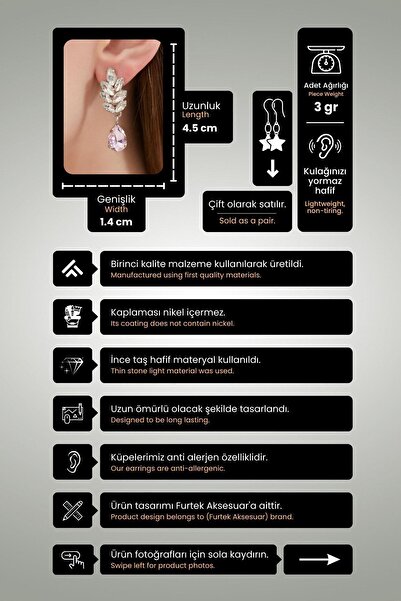 Furtek Aksesuar Kadın Pembe Clara Yaprak Elmas Kristal Taşlı Model Gümüş Sallantılı Günlük Abiye Elbise Düğün Küpe