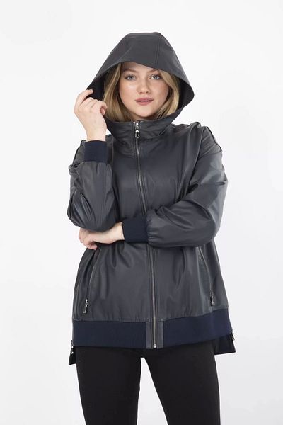 By Marki Marki Navy Blue Oversize Sports Leather Coat - Hooded, Spring 11033501
