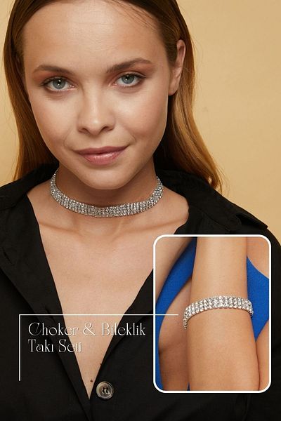 Furtek Aksesuar Women's Orfeo Model Stone Silver Diamond Water Path Necklace Bracelet Evening Dress Wedding Engagement Henna Promise Jewelry Set