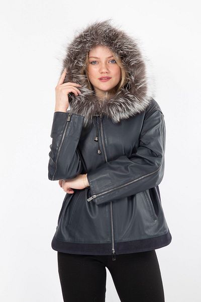 By Marki Marki Navy Blue Fur Hooded Leather Coat, Genuine Leather Raincoat, Women's Coat, Fur Hood,-105422