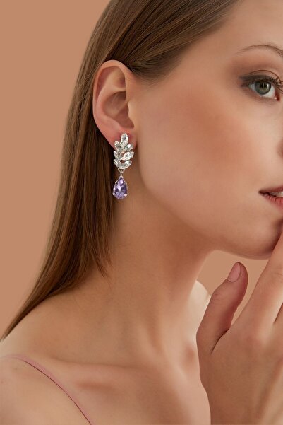 Furtek Aksesuar Kadın Lila Clara Yaprak Elmas Kristal Taşlı Model Gümüş Sallantılı Günlük Abiye Elbise Balo Küpe