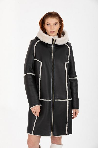 By Marki Marki Genuine Leather Black and White Fur Hooded Long Women's Coat - 113422