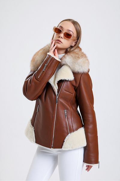 By Marki Marki Special Fur Collar - Luxury and Stylish Design Brown Leather Jacket Genuine Leather - 111722
