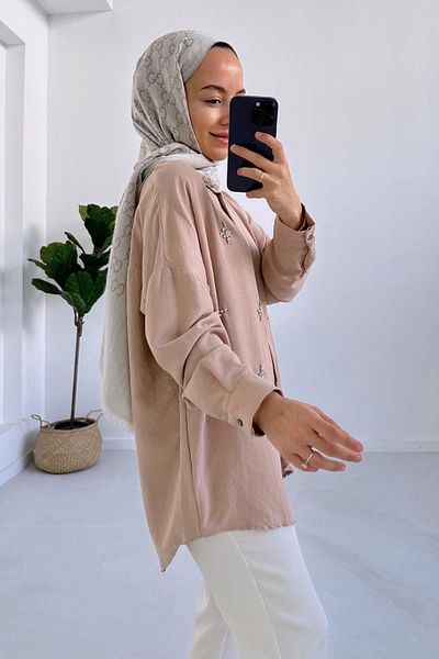 Ka Hijab Milk Coffee Star Stone Embroidered Modal Shirt