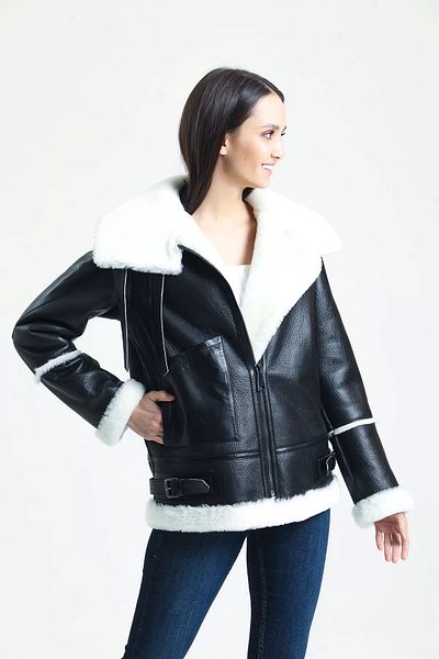 By Marki Marki Black Leather Coat with White Fur - Turtleneck Oversize Stylish Design - 105222
