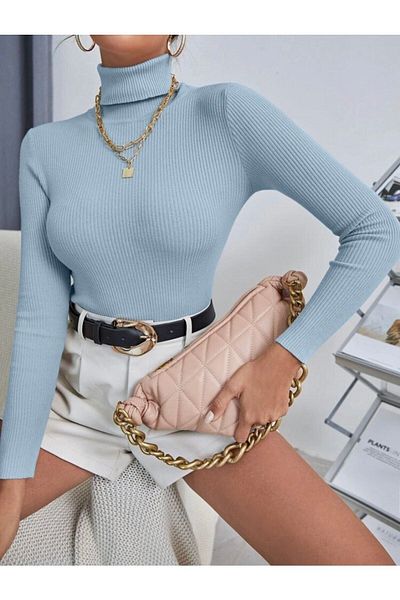 my trendy Pulover de damă cu guler rotit din bumbac, jacquard, cu nervuri