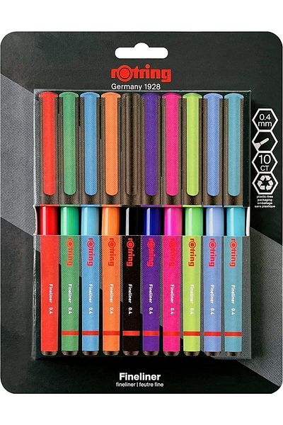 Rotring Liner Fineliner Mixed Color Felt Tip Pen Box of 10